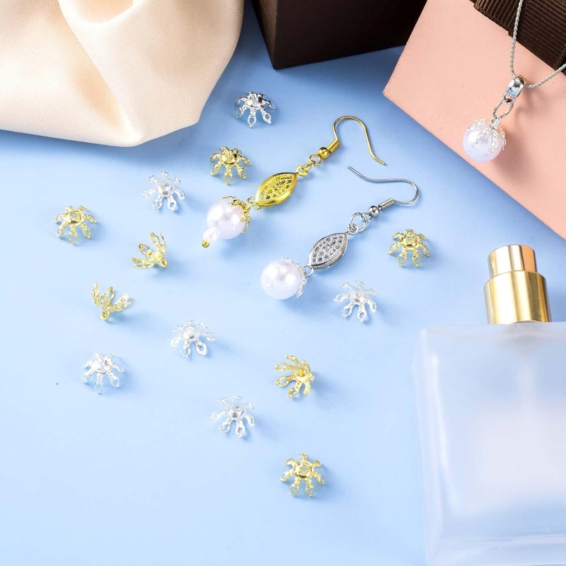 ANCIRS 100 Pack Flower Bead Caps Toppers for Jewelry Findings, 7 Prong Bell Bead Cap Bail End with Loops for DIY Craft Earrings Bracelets Necklaces Ornament Pendant- Gold & Silver - Image 2